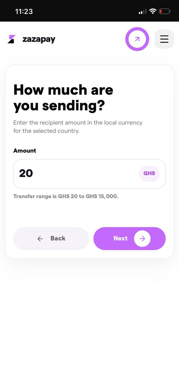 Step 1: choose destination and amount