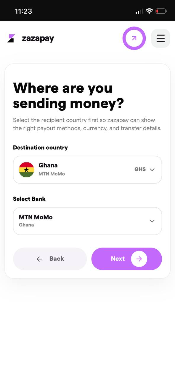 Step 1: choose destination and amount